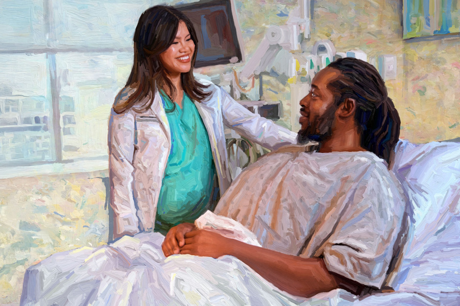 Cardiologist at beside checking on a hospitalized cardiac patient