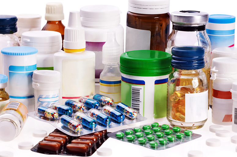 containers and packets of drugs and supplements
